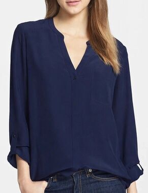 Trouve Silk Blouse Womens XS Navy Blue V Neck Button Front Long Sleeve